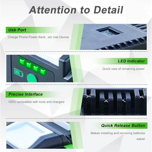 6.0Ah Replacement for Greenworks 40V Battery 29662 29652 29472 29462 etc Compatible with Greenworks 40 Volt Battey Tools with USB Port