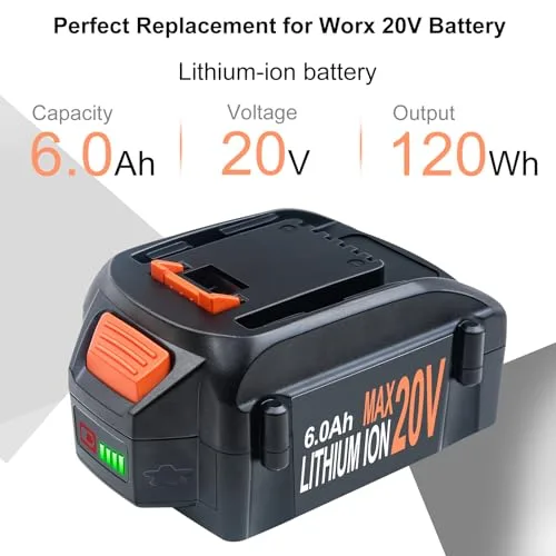 2Packs 6.0Ah 20V Battery Replacement for Worx Battery 20V PowerShare WA3674 WA3678 WA3669 WA3575 WA3525 WA3520 WA3574 WA3578